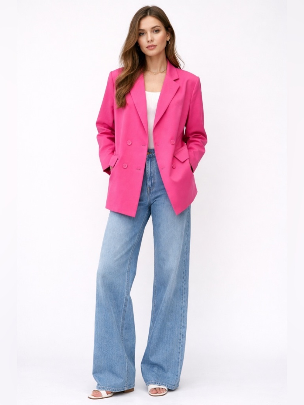 Fore Hot Pink Oversized Blazer Small Double Breasted Barbie Work Chic Statement